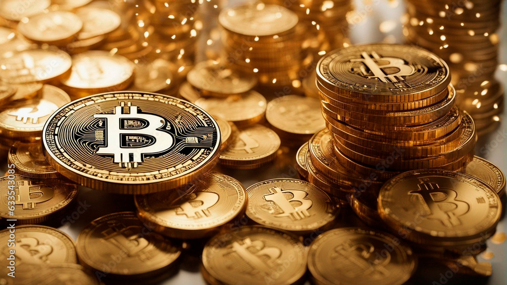Bitcoin virtual money. Gold bitcoins with candlestick chart and digital background. Gold coin with icon letter B. Mining or blockchain technology. Bitcoin virtual money. Gold bitcoins with candlestick chart and digital background. Gold coin with icon letter B. Mining or blockchain technology.