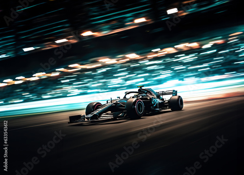 Colourful neon race car on the race track, Formula 1 at night competing at high speed in motion blur, light trails
