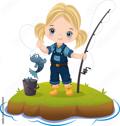 Vector Cute Little Girl Fishing