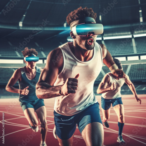 Athlete in running wearing VR glasses surrounded by data