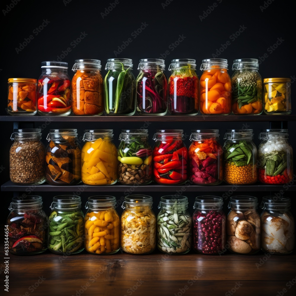 Shelves with vibrant colorful jars of food and spices. Generative AI. Shelves with vibrant colorful jars of food and spices. Generative AI.