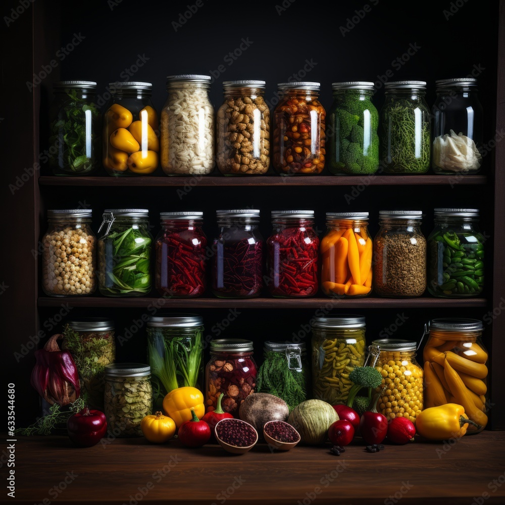 Shelves with vibrant colorful jars of food and spices. Generative AI. Shelves with vibrant colorful jars of food and spices. Generative AI.