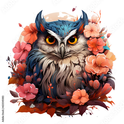 A whimsical and playful T-shirt design of an owl tree flowers, where the owl and the tree are portrayed with a sense of childlike innocence, Generative Ai photo