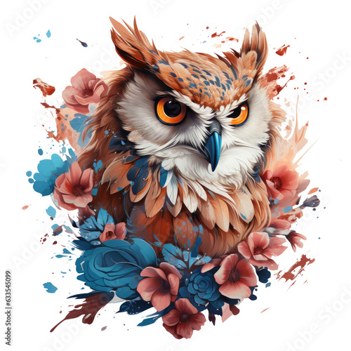 A dynamic and action-packed owl tree flowers T-shirt design, where the owl is shown in mid-flight amidst a whirlwind of petals and leaves, Generative Ai photo