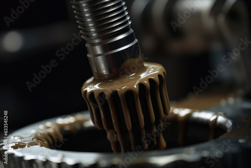 Macro shot of thick and viscous industrial grease being applied to a metal gear mechanism