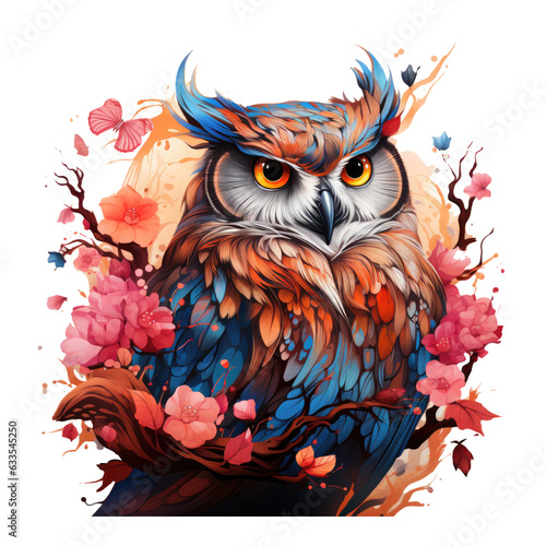 A whimsical and fantastical owl tree flowers T-shirt design, where the owl and the tree are depicted with a touch of magic and wonder, Generative Ai photo