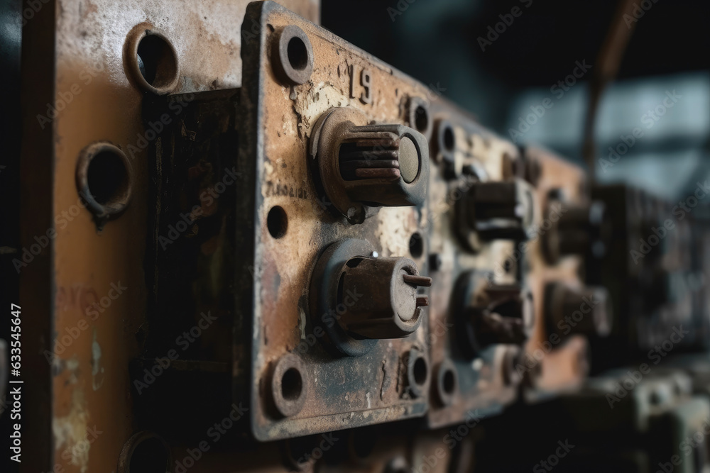 Macro shot of old and rusty circuit breakers in an abandoned factory with cobwebs and dust