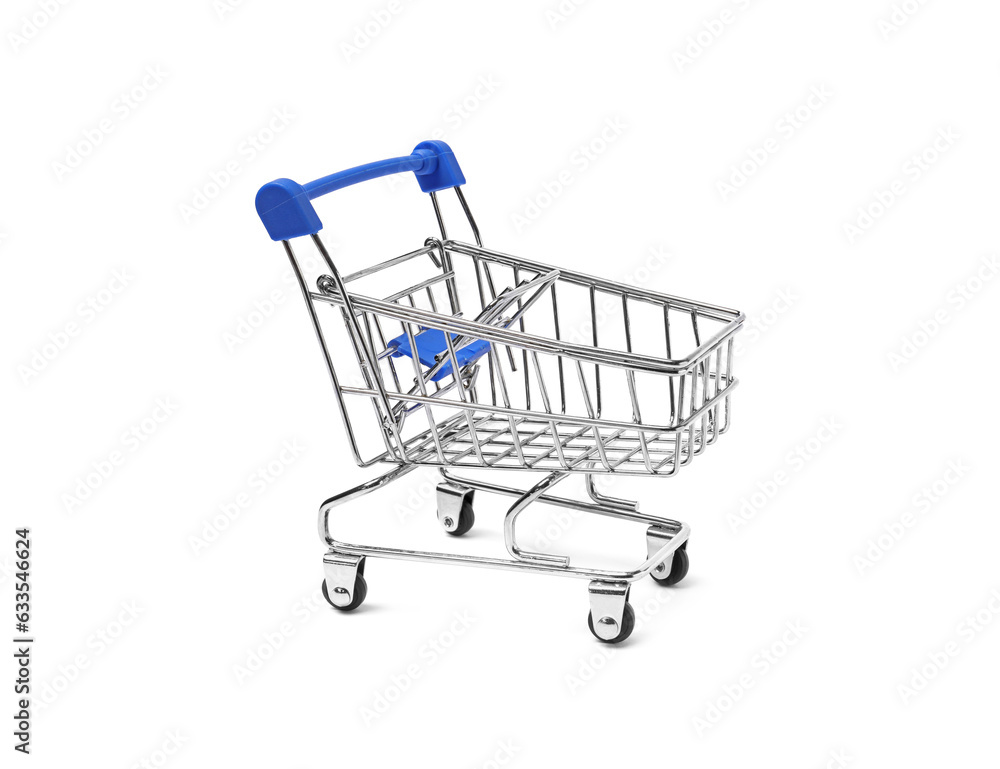 Empty mini metal shopping cart isolated on white Empty mini metal shopping cart isolated on white