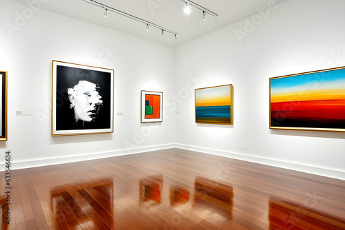 An art gallery with beautiful paintings displayed on minimalist white walls. Premium luxury art gallery room