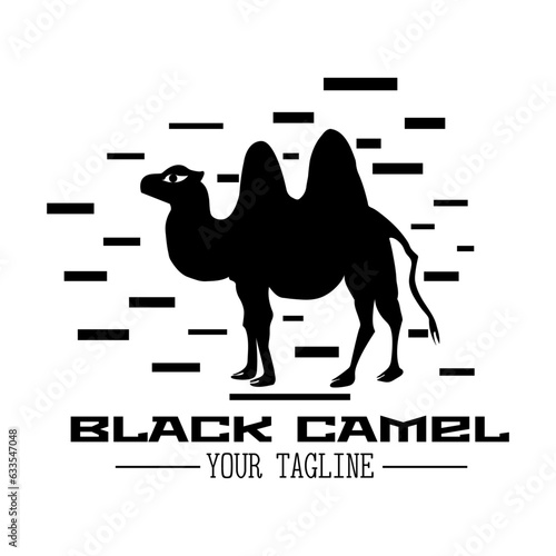 Black camel logo with text on white background with bricks