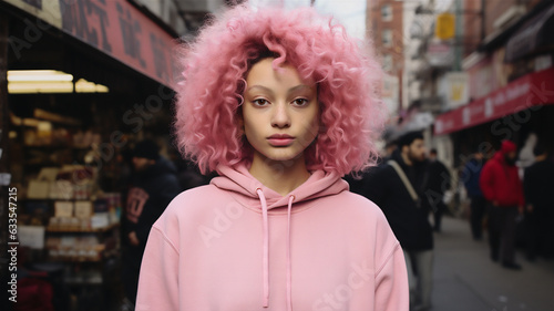 A fashionable woman with pink hair and a pink hoodie walking down a busy street.