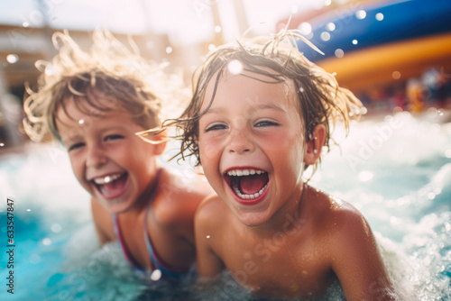 Fototapeta Naklejka Na Ścianę i Meble -  Kids at a water park, fun, funny, summer