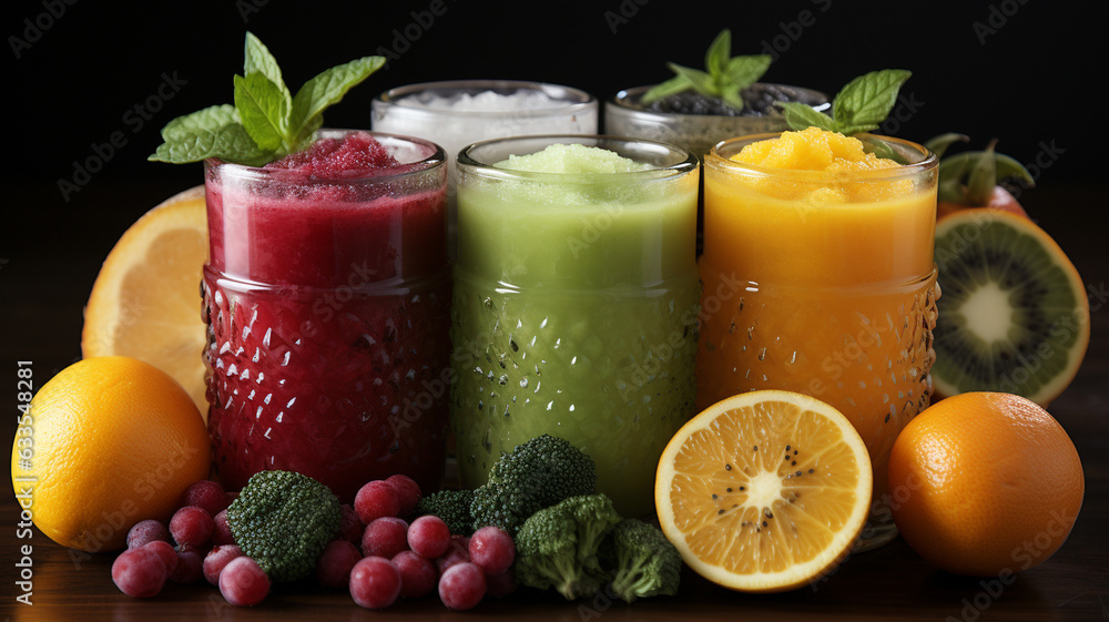 fresh fruit juices in glasses with fruits and berries fresh fruit juices in glasses with fruits and berries