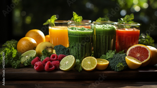 fresh fruit juices in glasses with fruits and berries