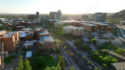 ASU campus during sunset. Aerial establishing shot of Arizona State University academic buildings and beautiful grounds. photo