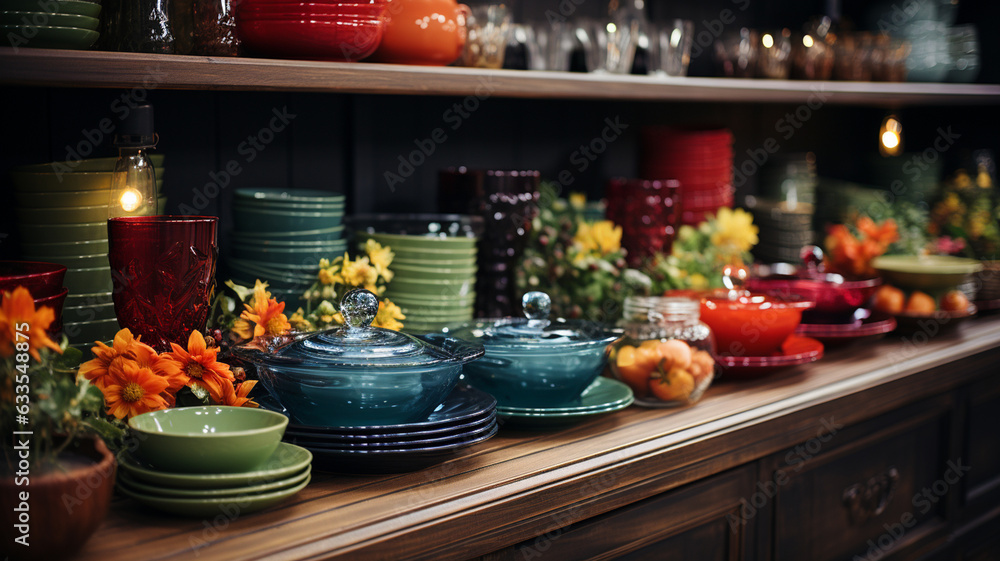 shelves of different tableware in kitchen
