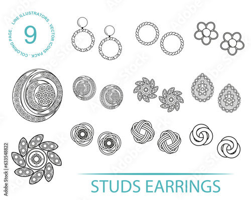 Stud Earrings Design Idea editable stroke outline icons set. Button Knot Diamond Nanette Flower Circle Rope Love Knot