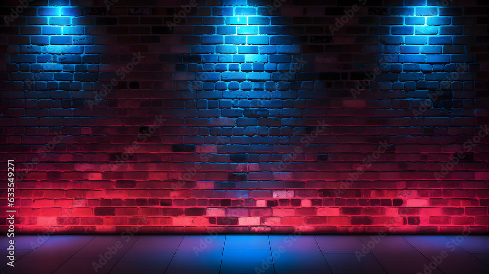 Neon light on brick walls that are not plastered background and texture. Lighting effect red and blue neon background
