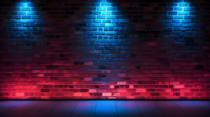 Neon light on brick walls that are not plastered background and texture. Lighting effect red and blue neon background
