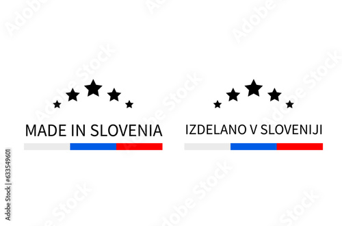 Made in Slovenia labels in English and in Slovenian languages. Quality mark vector icon. Perfect for logo design, tags, badges, stickers, emblem, product package, etc