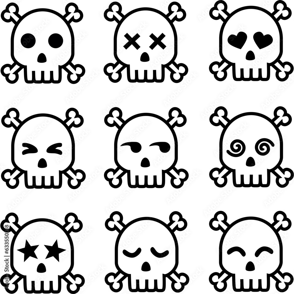 skull and crossbones emoji with different eye expressions Stock Vector