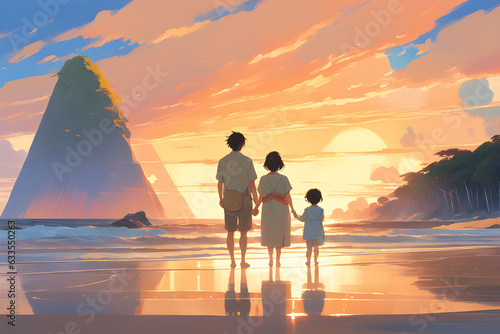 Back view of baby and mother and father standing affectionately on the beach at sunset Generative AI