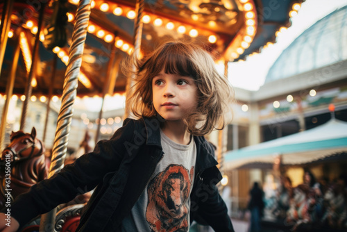 A child on a carousel ride. The carousel is brightly lit and has a variety of animals to ride on, including horses and lions © Florian