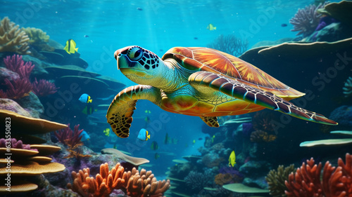 Coral reef with wild sea turtle and fish, tropical ocean underwater life, generative AI. photo