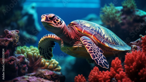 Coral reef with wild sea turtle and fish  tropical ocean underwater life  generative AI.
