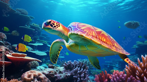 Coral reef with wild sea turtle and fish, tropical ocean underwater life, generative AI. © ImageFusion