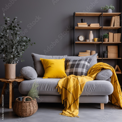 Interior of living room with boho composition and stylish personalized accessories. Created using generative AI © Urban North