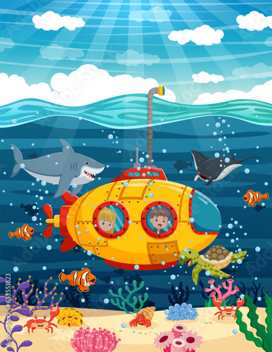 Cartoon Submarine Under The Sea. Small inquisitive children on bathyscaphe explore underwater world. Vector illustration