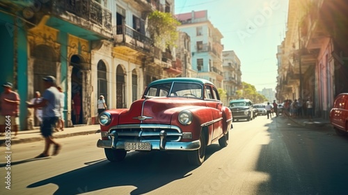 a photo of a beautiful vintage retro red car on a sunny street in havana, cuba. car on road and people walking around street. old colorful buildings. desktop wallpaper background. 16:9 . Generative AI