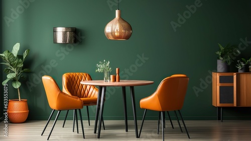 Green wallpaper and orange chair