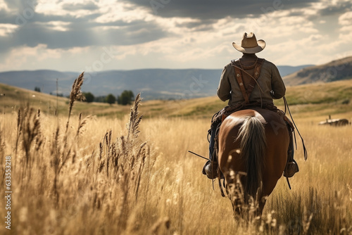 Cowboy on horseback, riding through a lush grassland - Generative AI