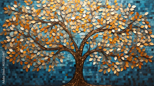 Colorful mosaic tree of life artwork . Small golden and turquoise mosaic tiles pattern forming a Tree of Life background. 