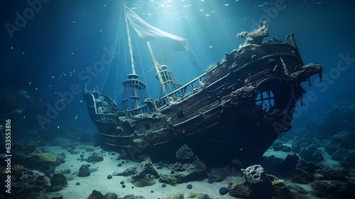 The ancient shipwreck, gracefully nestled upon the mysterious and serene ocean floor, stands as a captivating testament to history's embrace by time.  © Giovanna