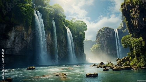 Beautiful epic waterfall . High quality illustration