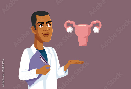Male Gynecologist Showing a Uterus Medical Graphic Vector Illustration. Obstetrician presenting and explaining about female anatomy 
