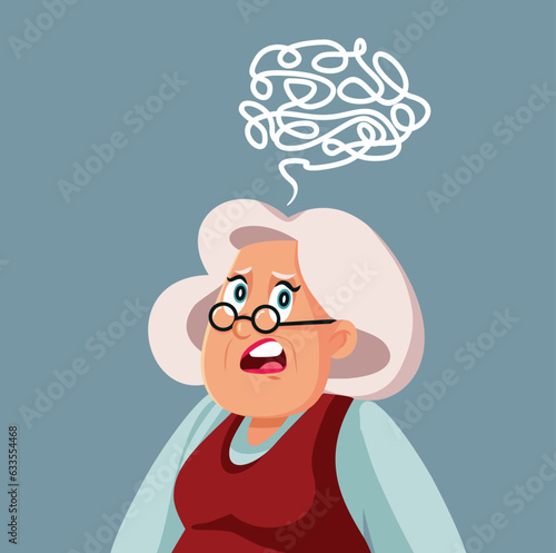 Elderly Grandma Feeling Puzzled Having Tangled Thoughts Vector Cartoon. Senior lady feeling puzzled and forgetful due to aging 
