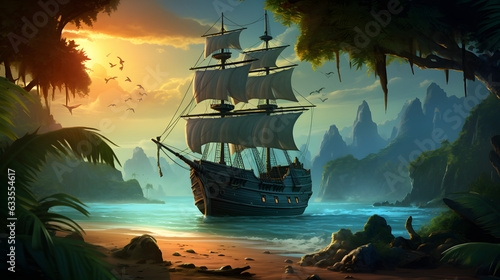 Illustration Landscape with pirate ship.

