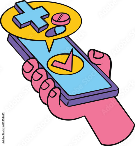 Hand holding smartphone for medicine payment, flat illustration