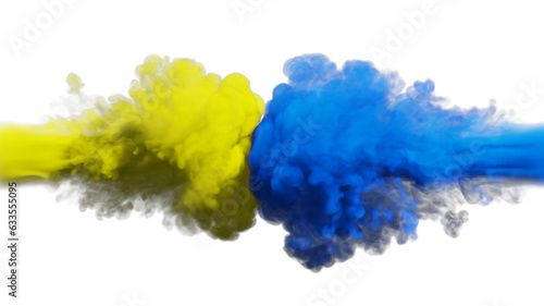 Puffs of yellow and blue smoke collide against a white background. 3d illustration. Ukrainian flag.