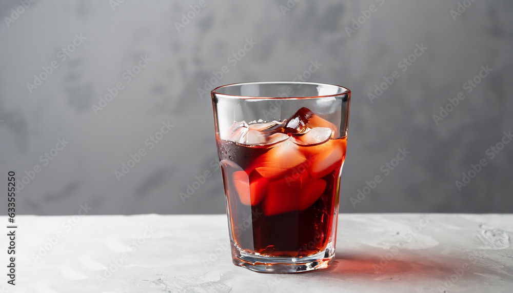 Glass of Americano Alcohol cocktail with red vermouth, bitter, soda water and ice cubes on grey background. Side view.
