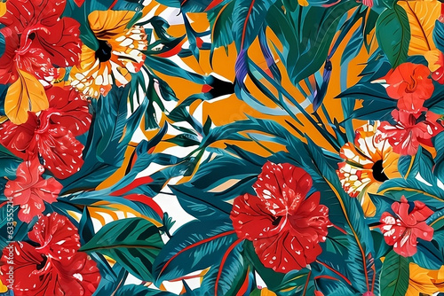 pattern of the beauty of nature with a colorful hibiscus pattern in a whimsical and playful drawing style, featuring the exotic flowers in bold and striking designs generative AI © HumblePride