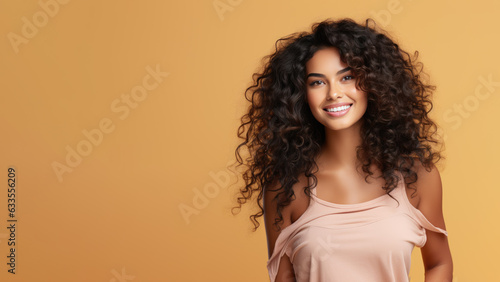 Beautiful afro-american girl with curly long hair, Treatment, care and spa procedures. © pariketan