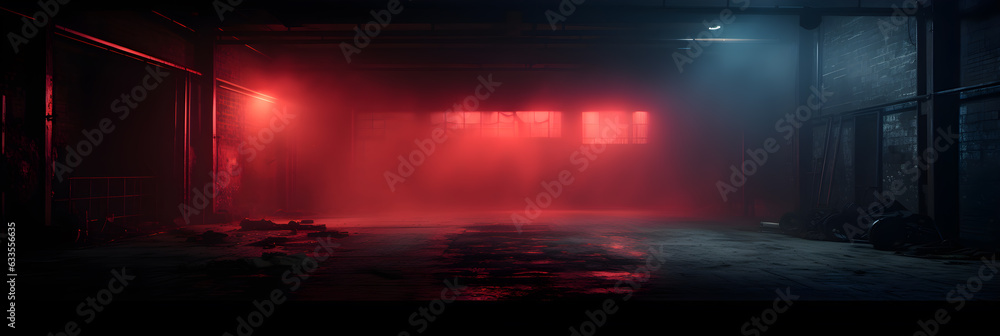 empty industrial warehouse with neon lights shining from above, in the style of smokey background, highly staged scenes, red and azure, AI generate