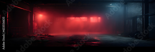 empty industrial warehouse with neon lights shining from above  in the style of smokey background  highly staged scenes  red and azure  AI generate