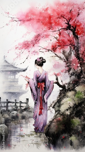 Illustration of a beautiful geisha standing among sakura trees. High quality illustration