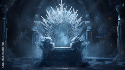 Fotografia A throne made of ice with large snowflakes in the center and on the sides, dark